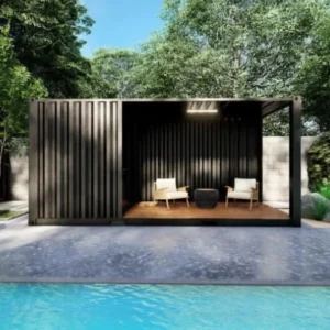 pool house en container avec terrasse ouverte et local fermé